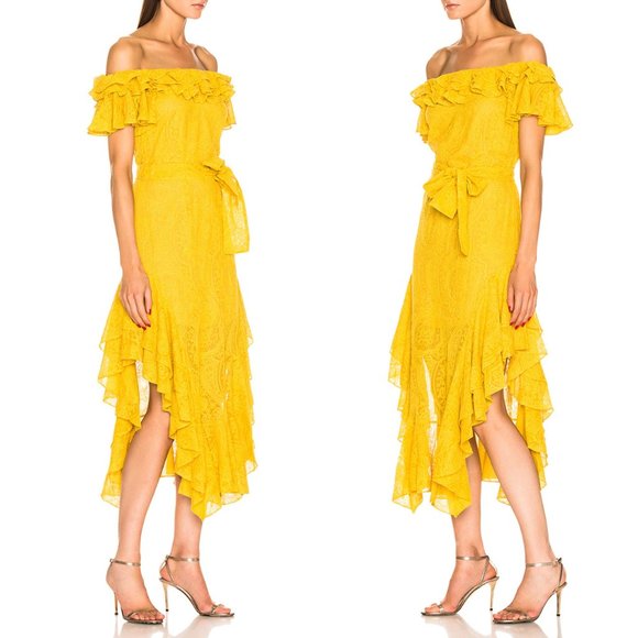 Marissa Webb 100% Silk Sofia Embroidered Ruffle Midi Dress L Saffron Yellow $798 - Picture 2 of 16
